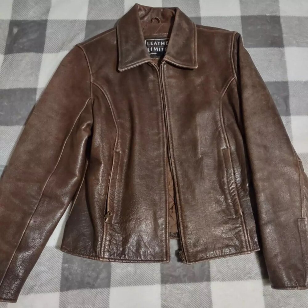 LEATHER LIMITED Women's Size Medium Zip Up Brown Leather Jacket Collar